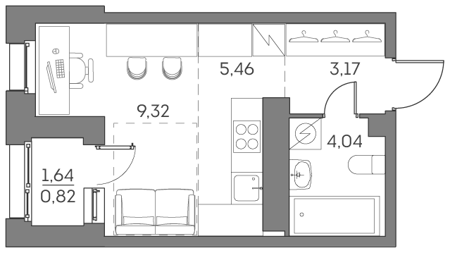 студия, 22.8 м², 24 этаж 