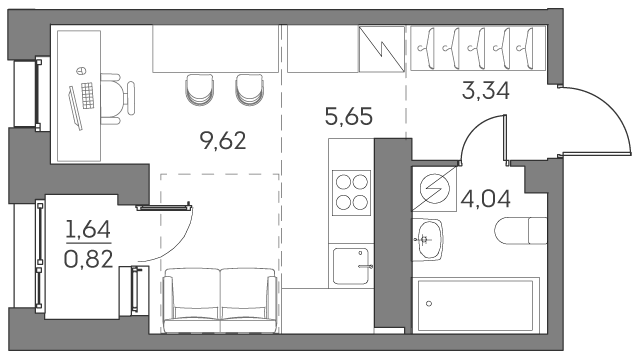 студия, 23.5 м², 22 этаж 