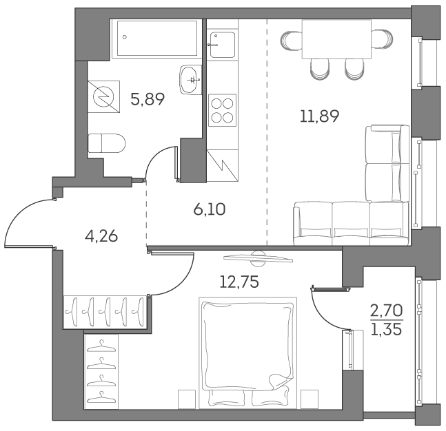 2 комн. квартира, 42.2 м², 13 этаж 