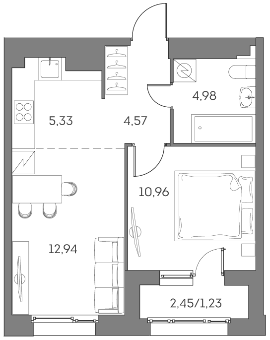 2 комн. квартира, 40 м², 13 этаж 