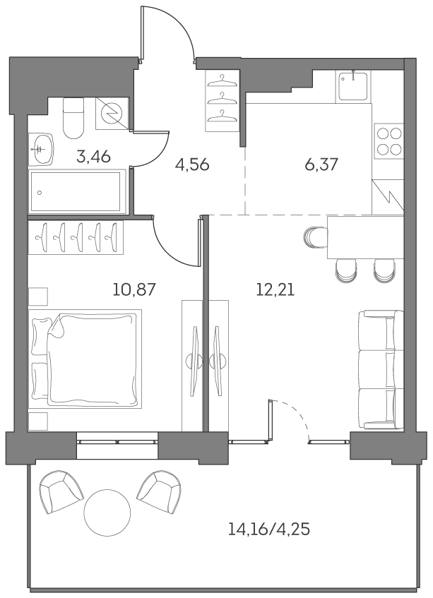 2 комн. квартира, 41.7 м², 2 этаж 