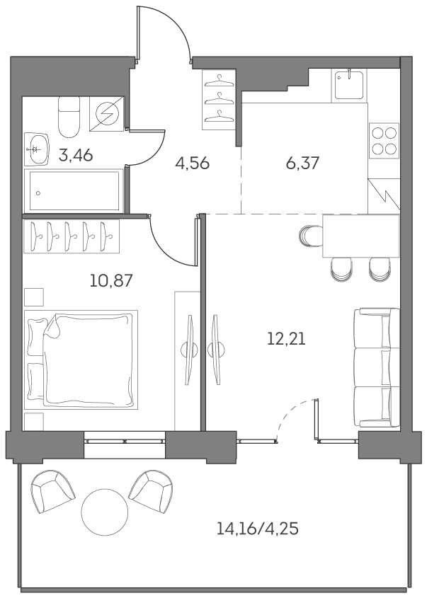 2 комн. квартира, 41.7 м², 2 этаж 