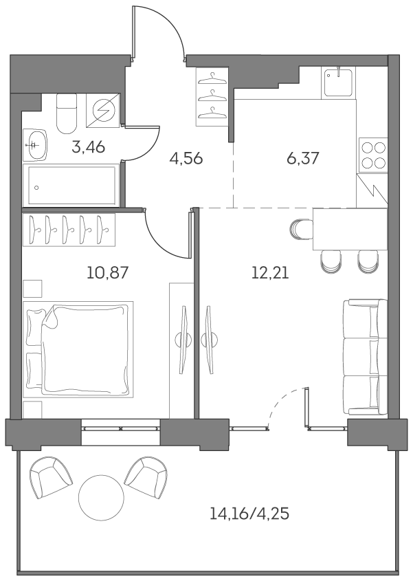2 комн. квартира, 41.7 м², 2 этаж 