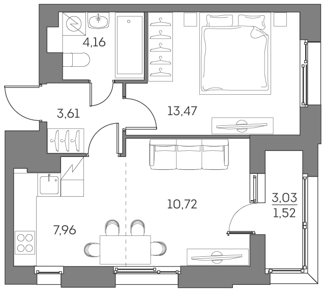 2 комн. квартира, 41.4 м², 13 этаж 