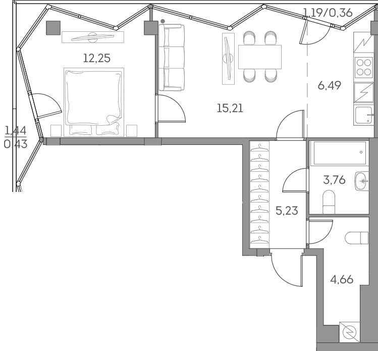 2 комн. квартира, 48.4 м², 6 этаж 