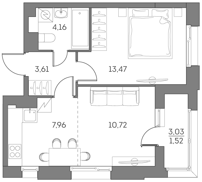 2 комн. квартира, 41.4 м², 13 этаж 