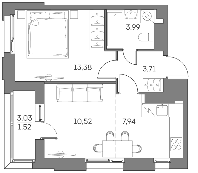 2 комн. квартира, 41.1 м², 14 этаж 