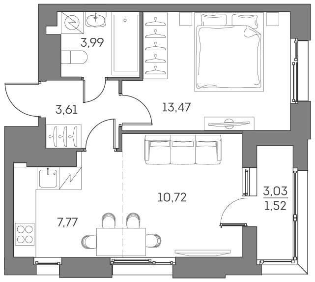 2 комн. квартира, 41.1 м², 18 этаж 