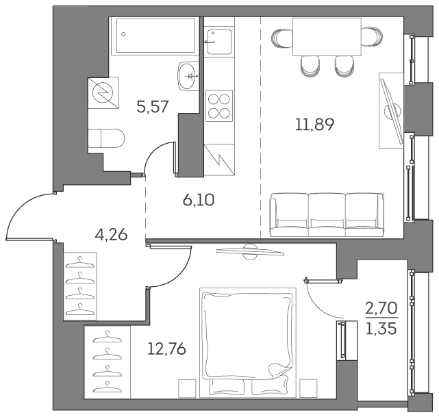 2 комн. квартира, 41.9 м², 20 этаж 