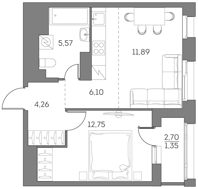 2 комн. квартира, 41.9 м², 21 этаж 