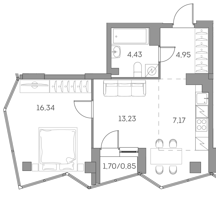 2 комн. квартира, 47 м², 19 этаж 
