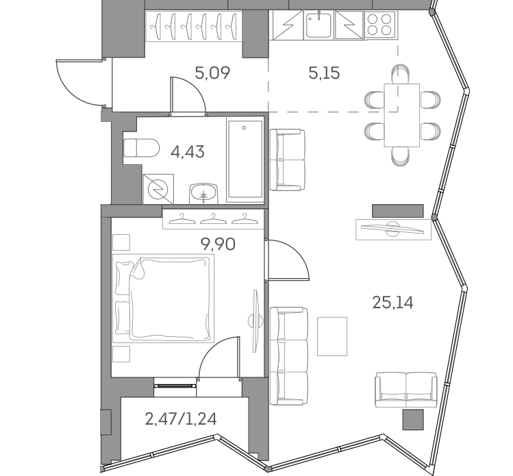 2 комн. квартира, 51 м², 15 этаж 