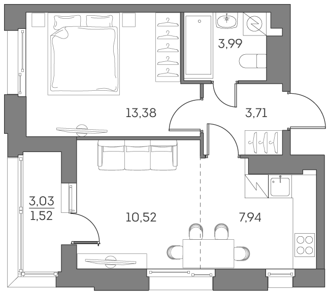 2 комн. квартира, 41.1 м², 24 этаж 