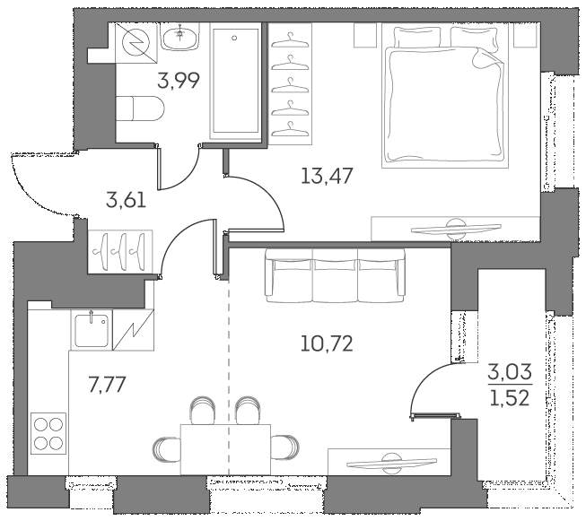 2 комн. квартира, 41.1 м², 25 этаж 