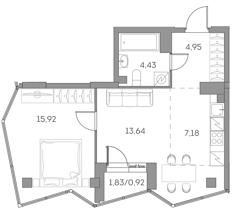 2 комн. квартира, 47 м², 23 этаж 