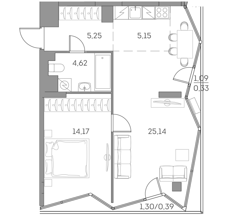 2 комн. квартира, 55 м², 11 этаж 