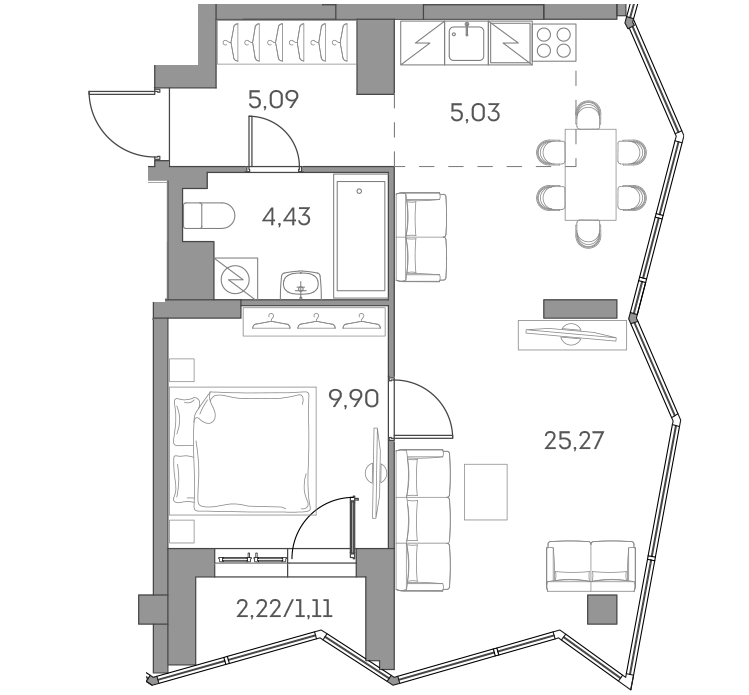 2 комн. квартира, 50.8 м², 28 этаж 