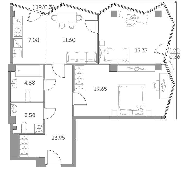 3 комн. квартира, 76.8 м², 4 этаж 