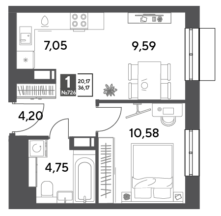 1 комн. квартира, 36.2 м², 5 этаж 