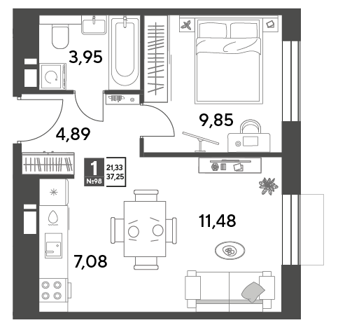 1 комн. квартира, 37.2 м², 2 этаж 