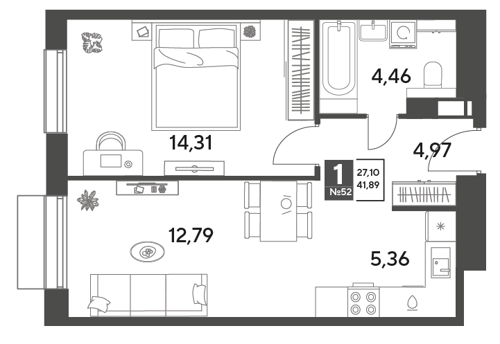 1 комн. квартира, 41.9 м², 3 этаж 