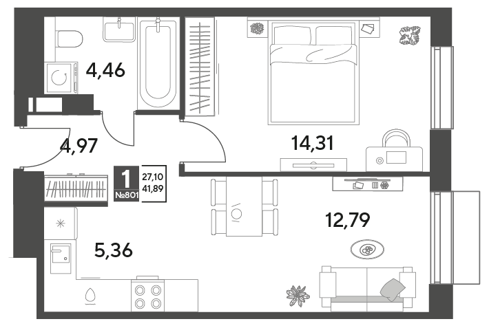 1 комн. квартира, 41.9 м², 8 этаж 