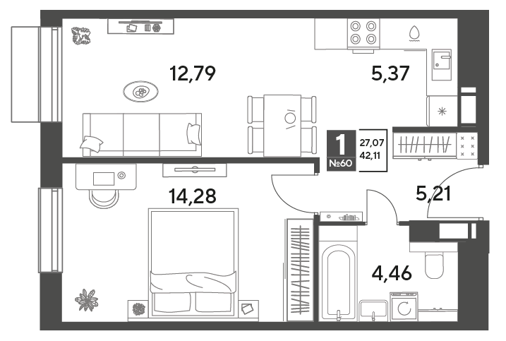 1 комн. квартира, 42.1 м², 4 этаж 
