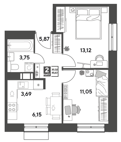 2 комн. квартира, 43.6 м², 7 этаж 