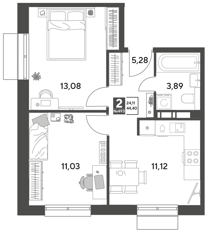 2 комн. квартира, 44.4 м², 5 этаж 