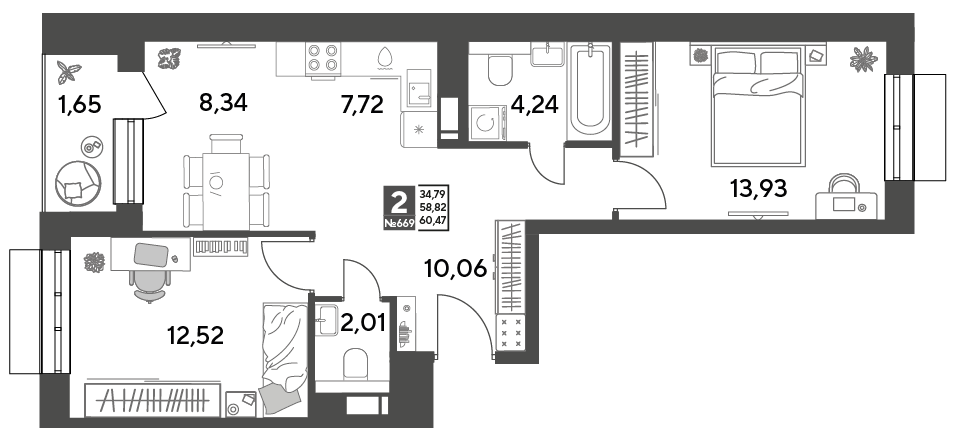 2 комн. квартира, 60.5 м², 5 этаж 