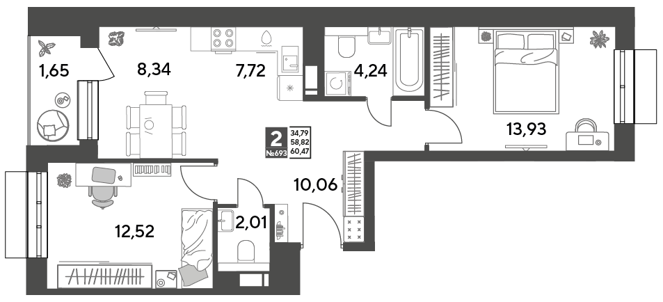 2 комн. квартира, 60.5 м², 11 этаж 