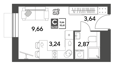 студия, 19.4 м², 5 этаж 