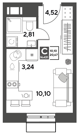 студия, 20.7 м², 9 этаж 