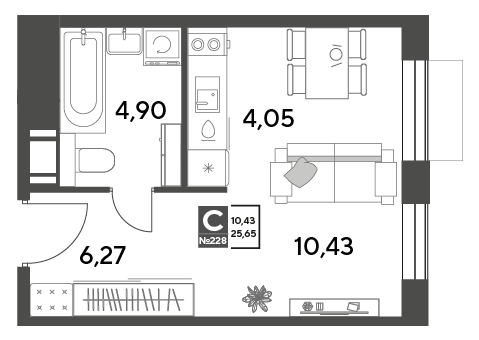 студия, 25.6 м², 12 этаж 