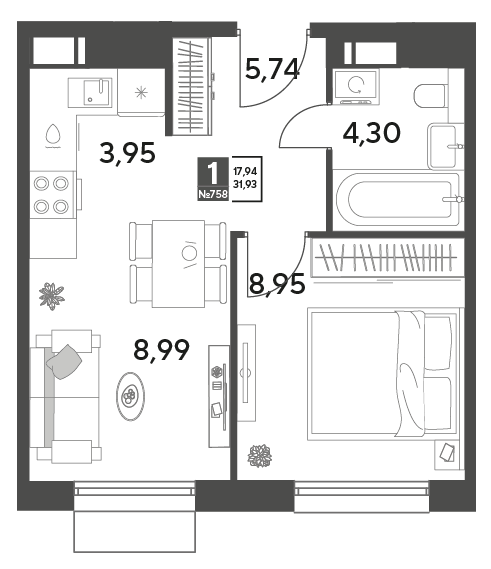 1 комн. квартира, 31.9 м², 2 этаж 