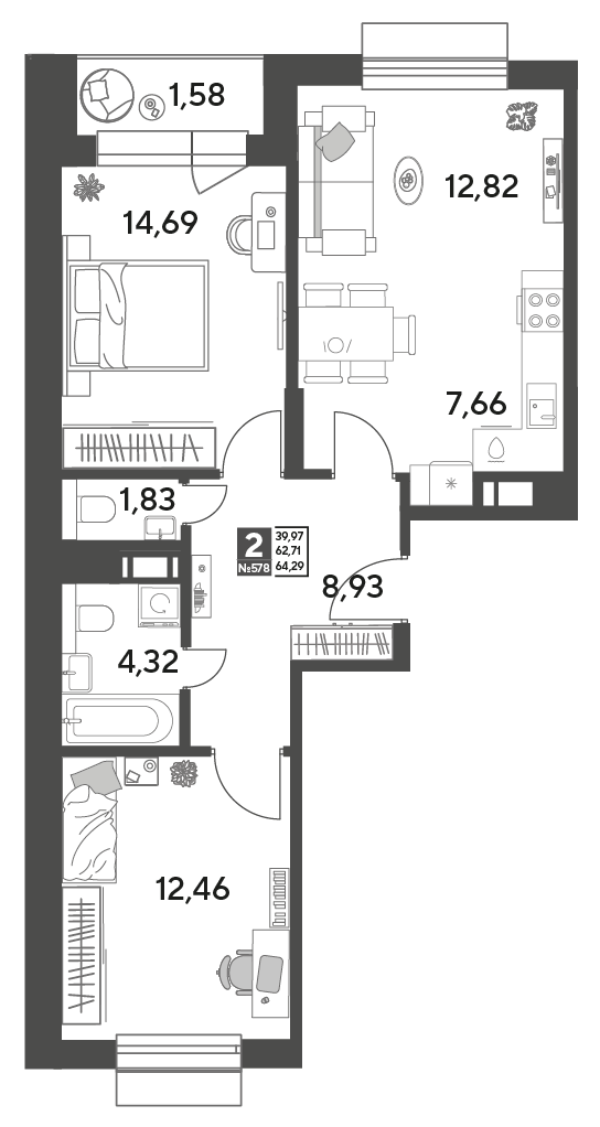 2 комн. квартира, 64.3 м², 6 этаж 