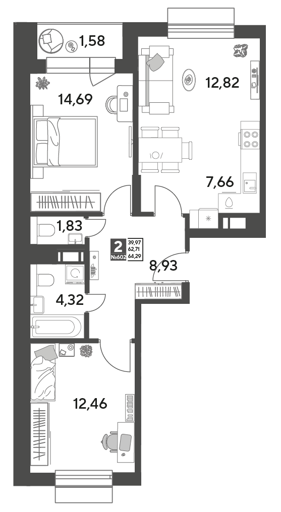 2 комн. квартира, 64.3 м², 9 этаж 