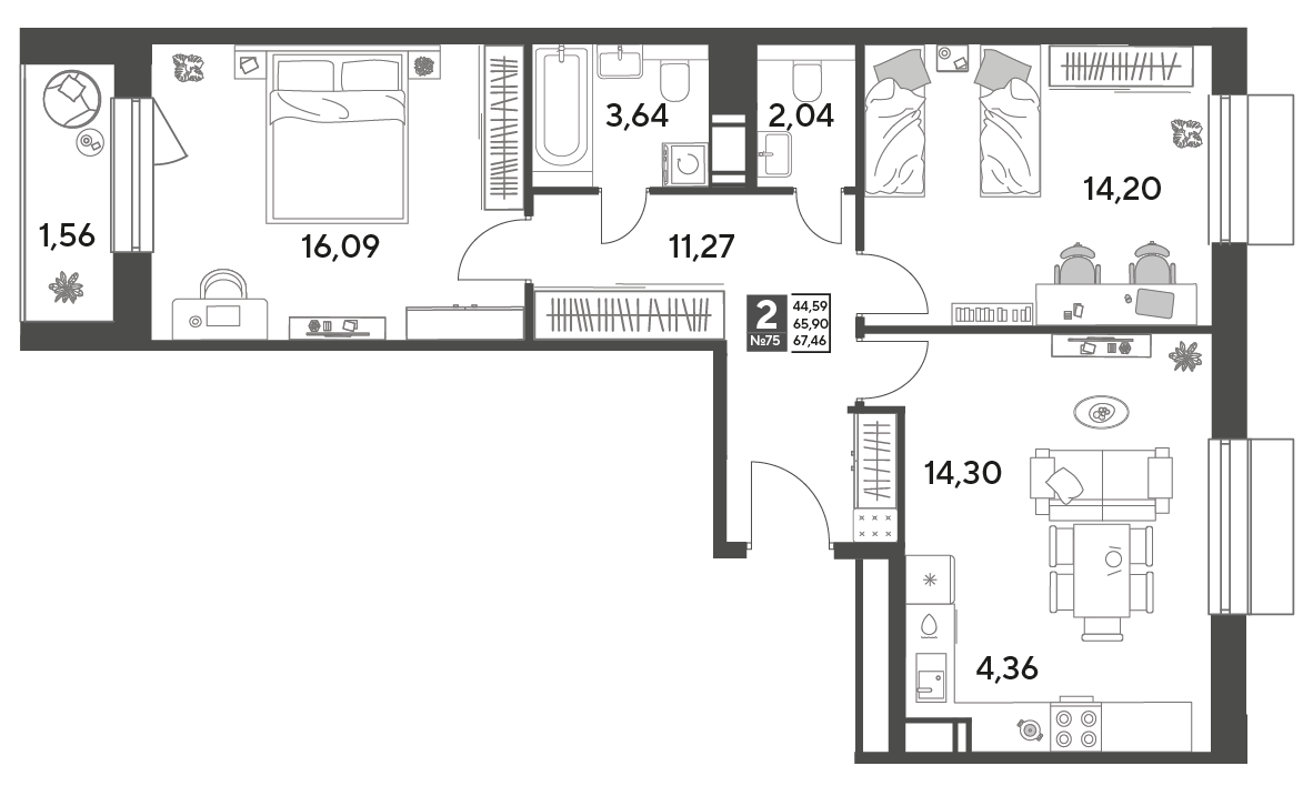 2 комн. квартира, 67.5 м², 6 этаж 