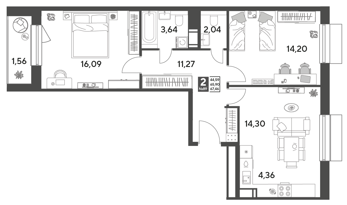 2 комн. квартира, 67.5 м², 8 этаж 