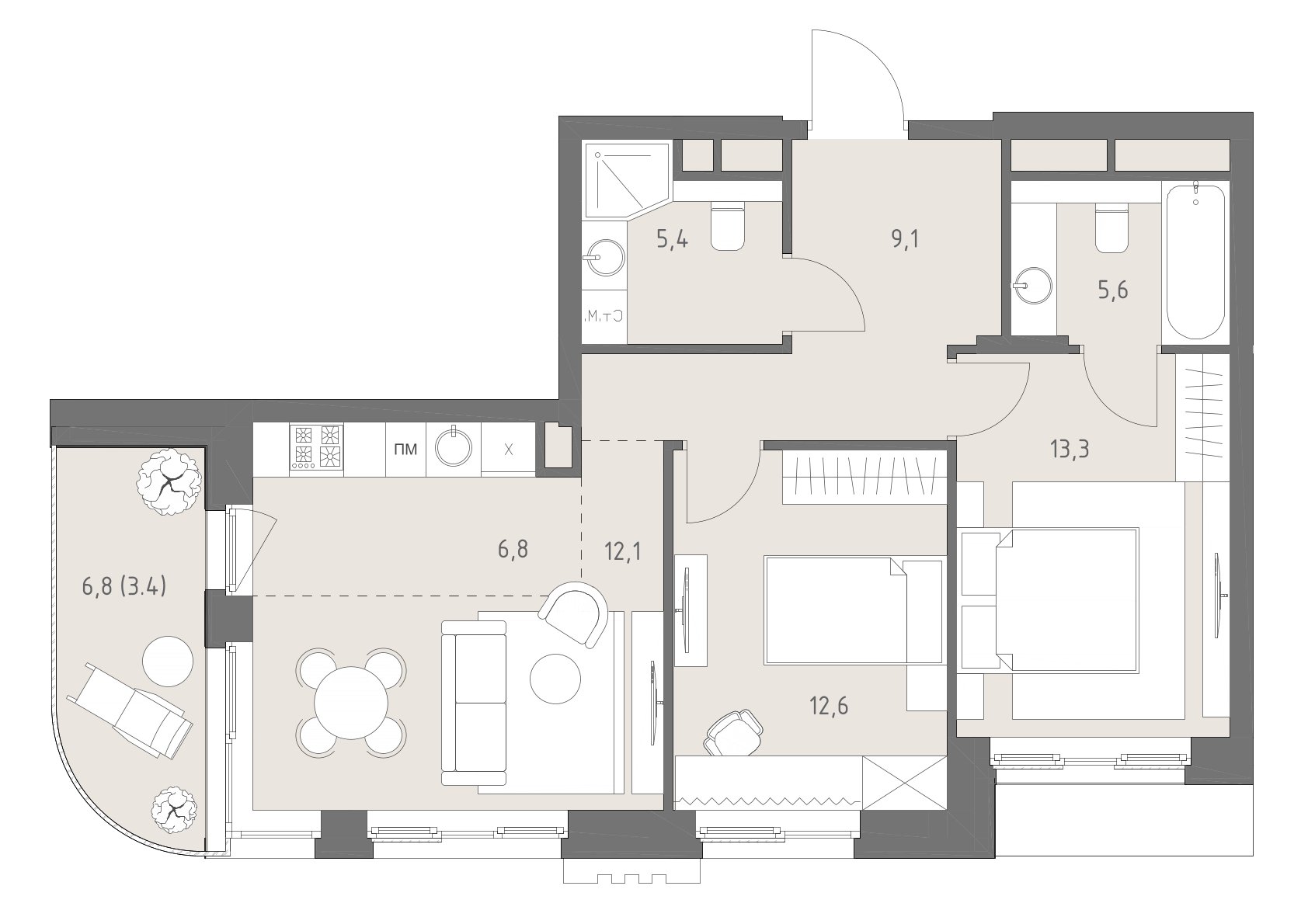 3 комн. квартира, 69.1 м², 2 этаж 