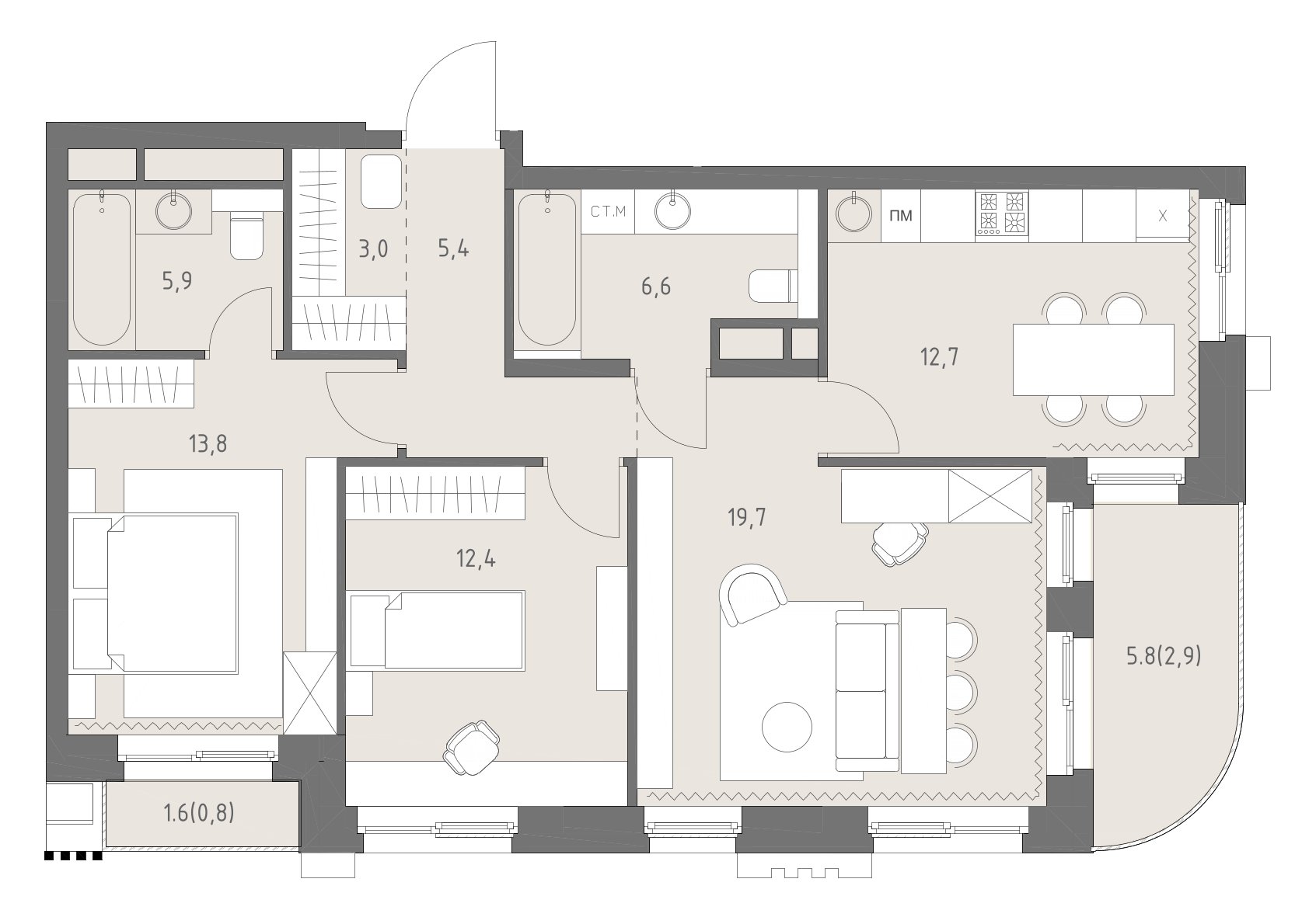 3 комн. квартира, 83.2 м², 4 этаж 