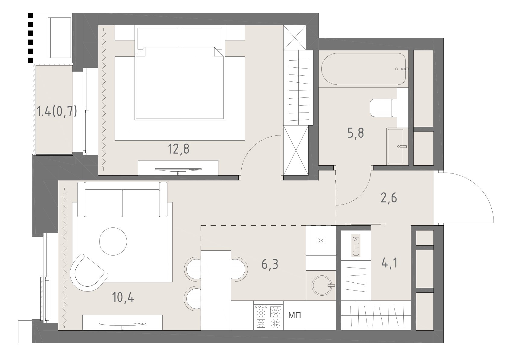2 комн. квартира, 42.7 м², 4 этаж 