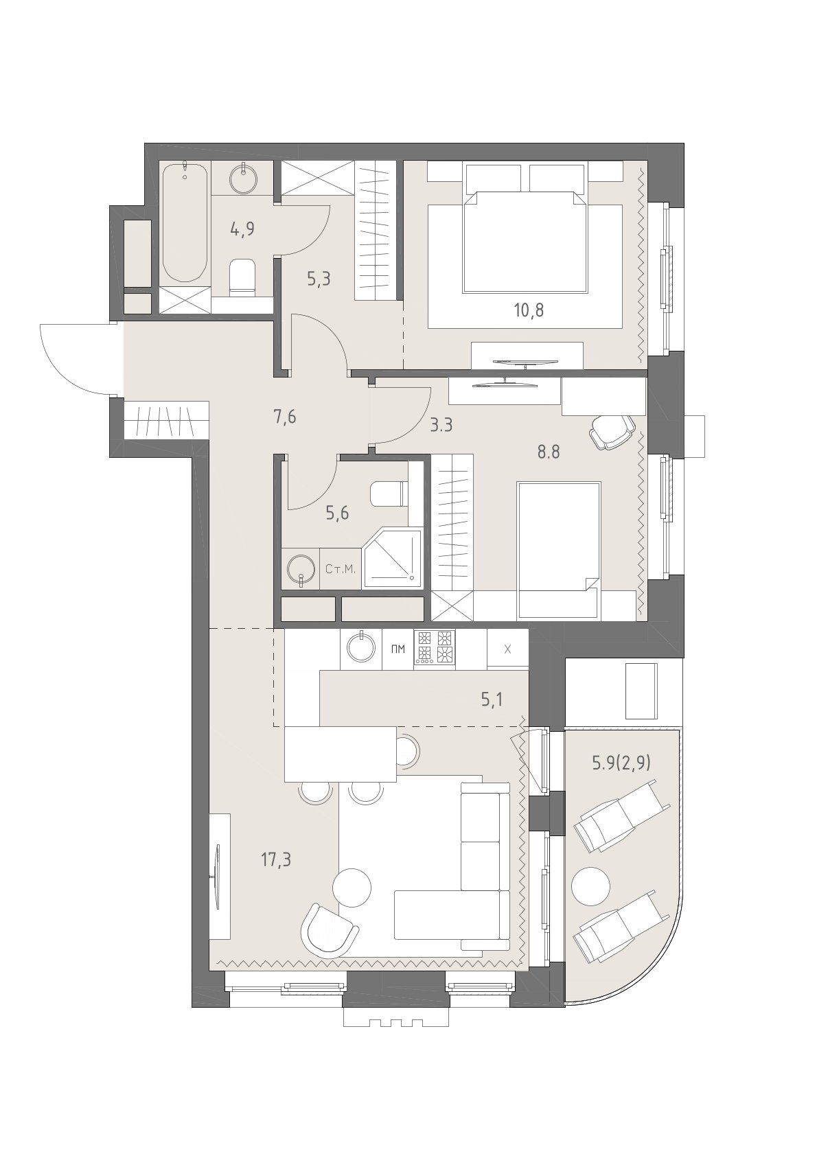 3 комн. квартира, 71.6 м², 2 этаж 