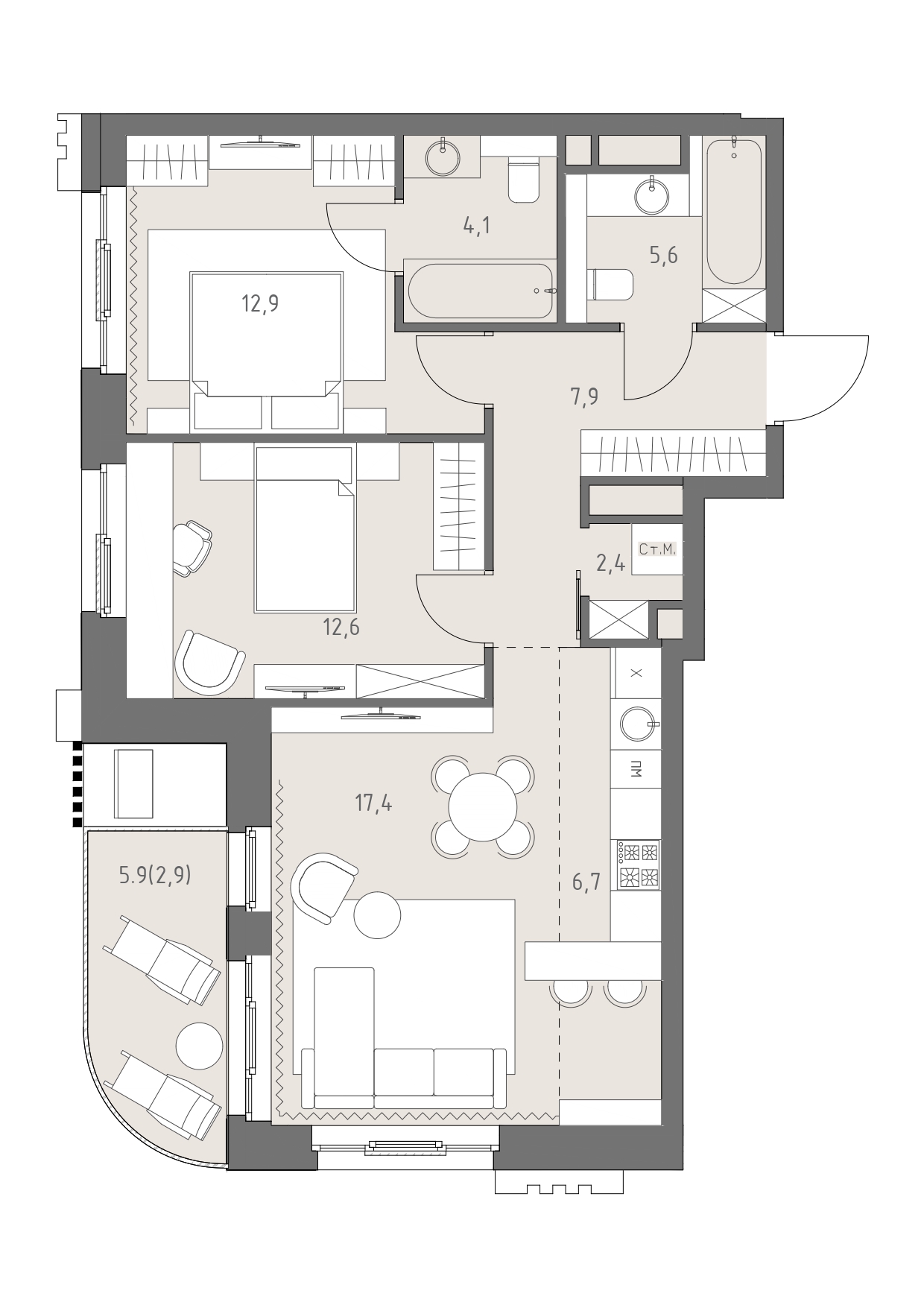 3 комн. квартира, 72.5 м², 2 этаж 