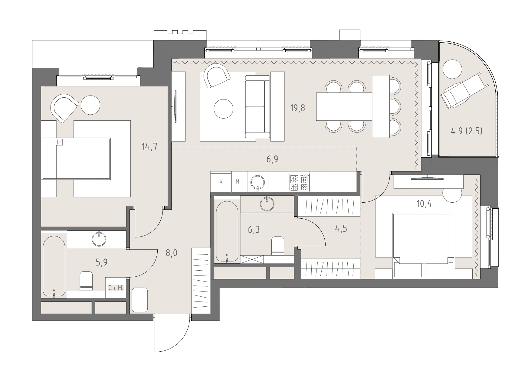 3 комн. квартира, 79 м², 11 этаж 