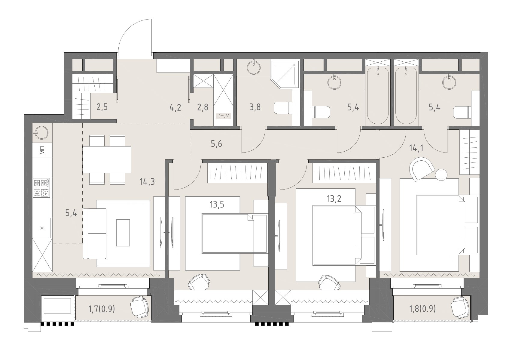 4 комн. квартира, 92 м², 15 этаж 