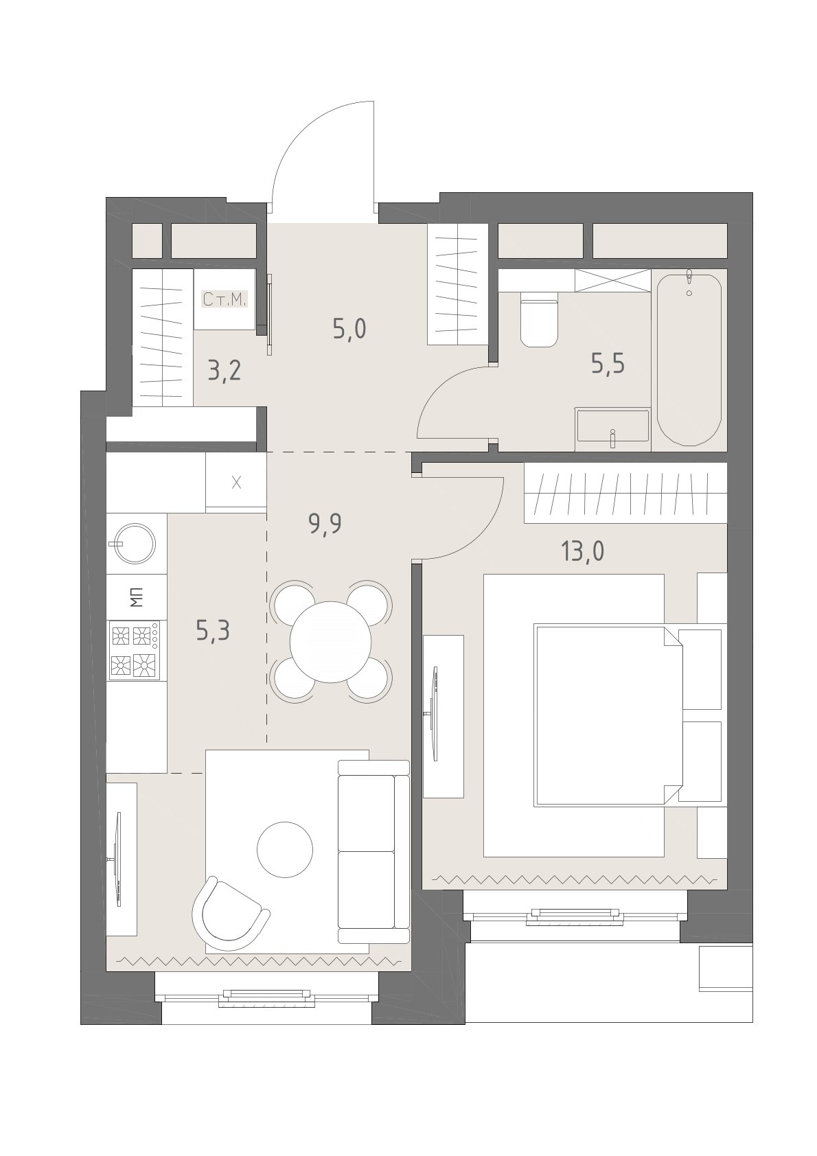 2 комн. квартира, 41.9 м², 3 этаж 