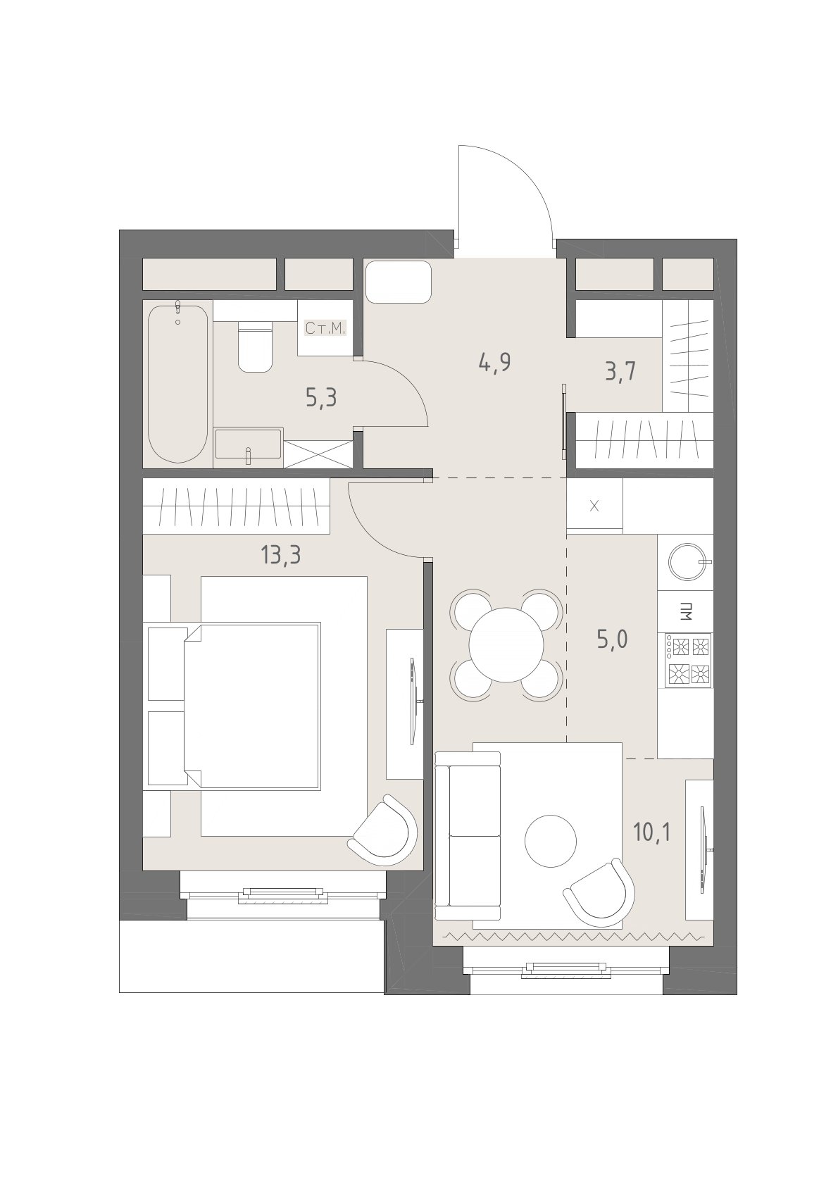 2 комн. квартира, 42.3 м², 12 этаж 