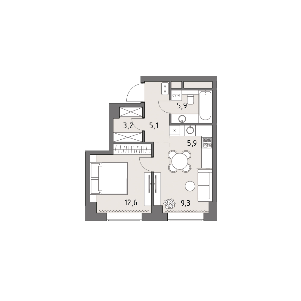 1 комн. квартира, 41.8 м², 24 этаж 