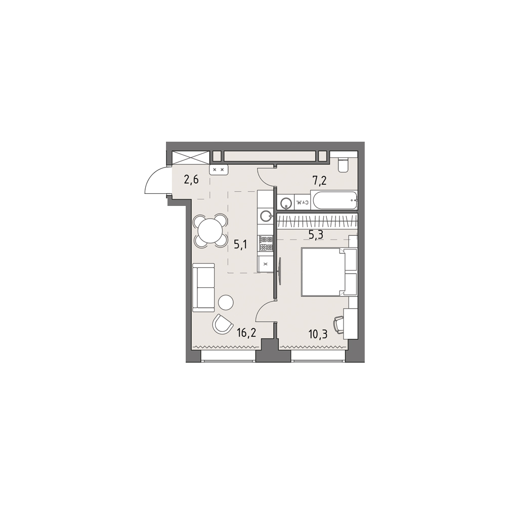 2 комн. квартира, 46.8 м², 27 этаж 